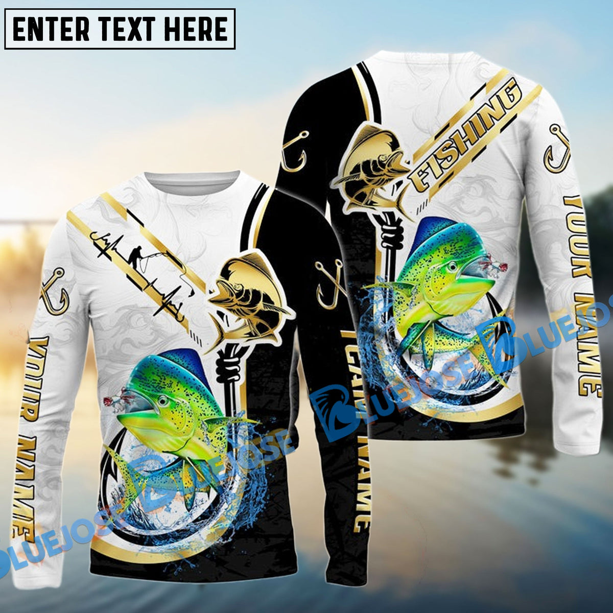 Bluejose Mahimahi Fishing Black Golden Hook Name &amp; Team Name 3D Shirts