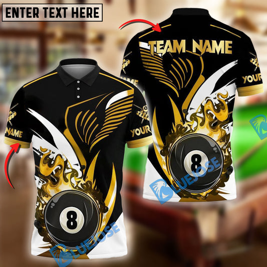 BlueJose Billiards Ball 8 Pool Golden Flame Personalized Name & Team Name Shirt (4 Colors)