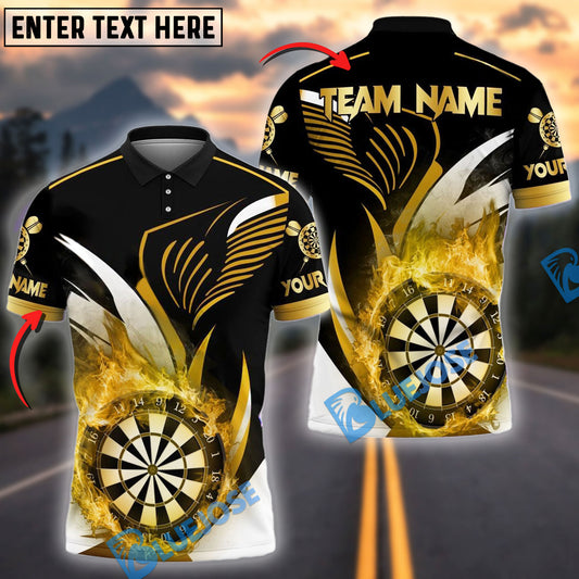 BlueJose Darts Golden Flame Dartboard Personalized Name, Team Name Shirt (4 Colors)