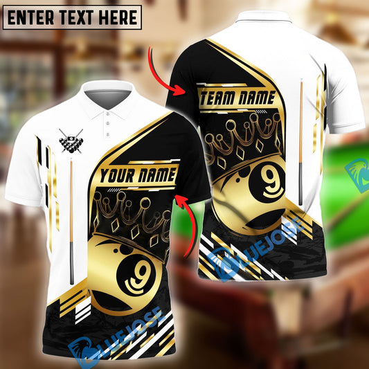 BlueJose Billiards 9-Ball Pool Champion Golden Personalized Name & Team Name Shirt (4 Colors)
