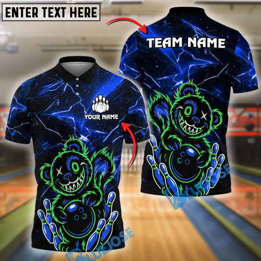 BlueJose Bowling And Pins Crazy Bear with Ball & Pins Customized Name 3D Shirt (4 Colors)