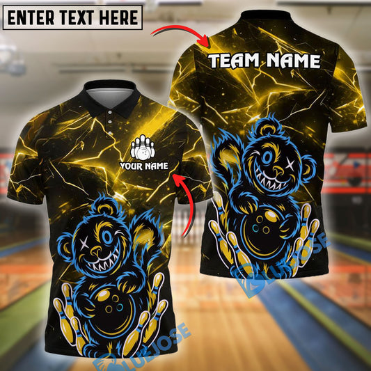 BlueJose Bowling And Pins Crazy Bear with Ball & Pins Customized Name 3D Shirt (4 Colors)