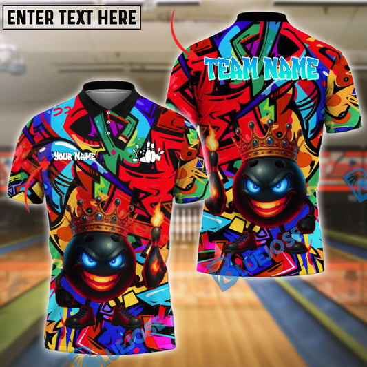 BlueJose Bowling And Pins King Graffiti Crowned Ball with Fire Pins Customized Name 3D Shirt (4 Colors)