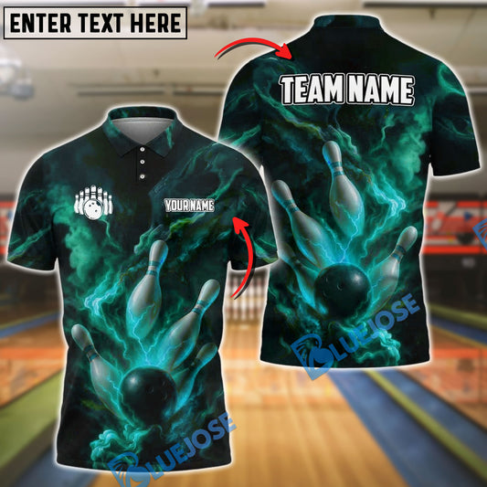 BlueJose Bowling And Pins Electric Storm Customized Name, Team Name 3D Shirt (4 Colors)