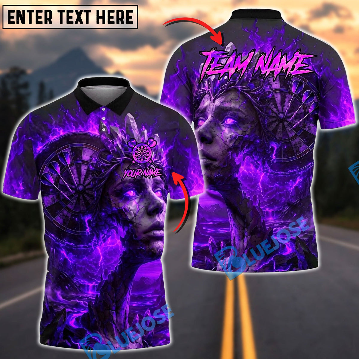 BlueJose Darts Volcanic Lava Queen Goddess Personalized Name, Team Name Unisex Shirt (4 Colors)