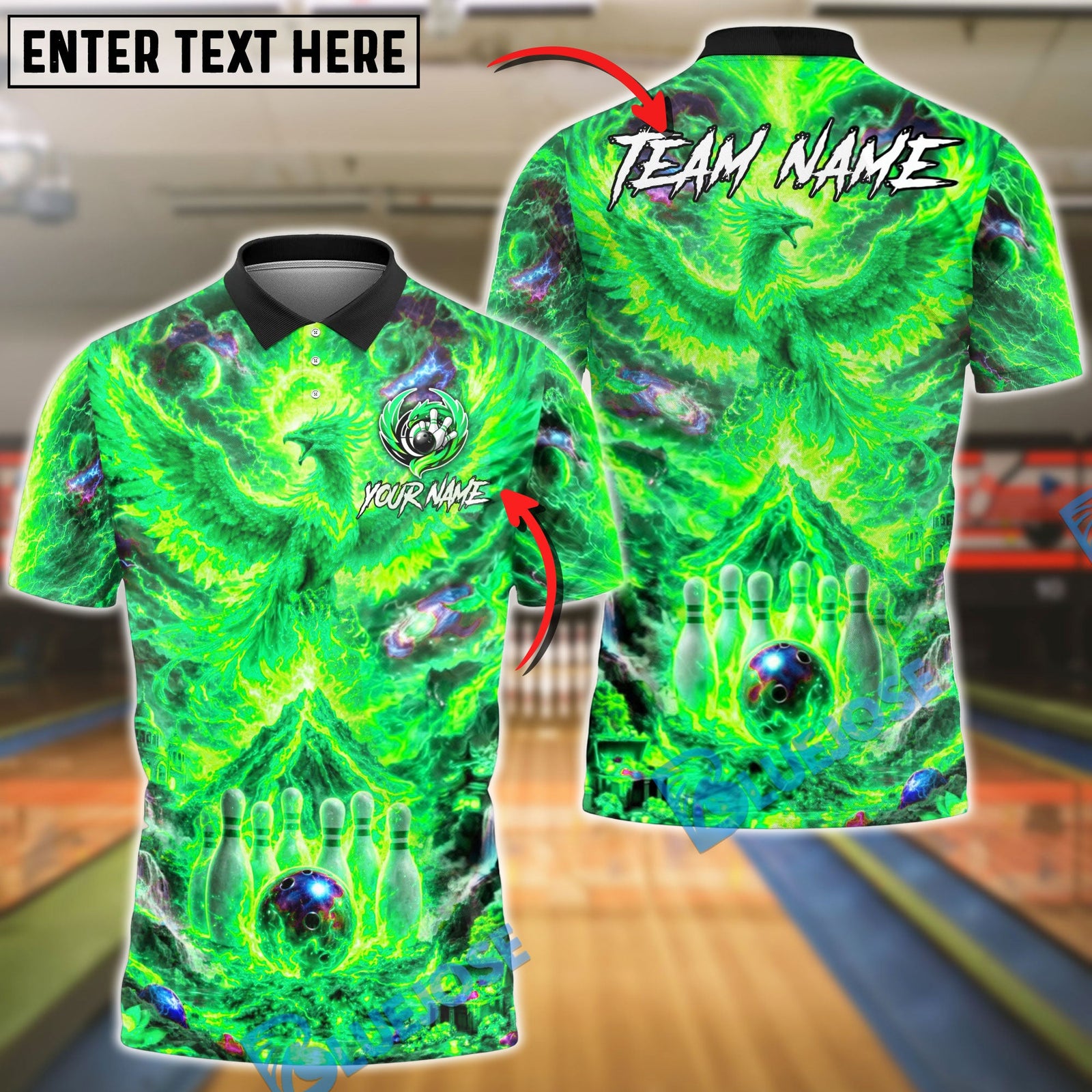 BlueJose Bowling And Pins Fire Phoenix Volcanic Customized Name, Team Name 3D Shirt (4 Colors)