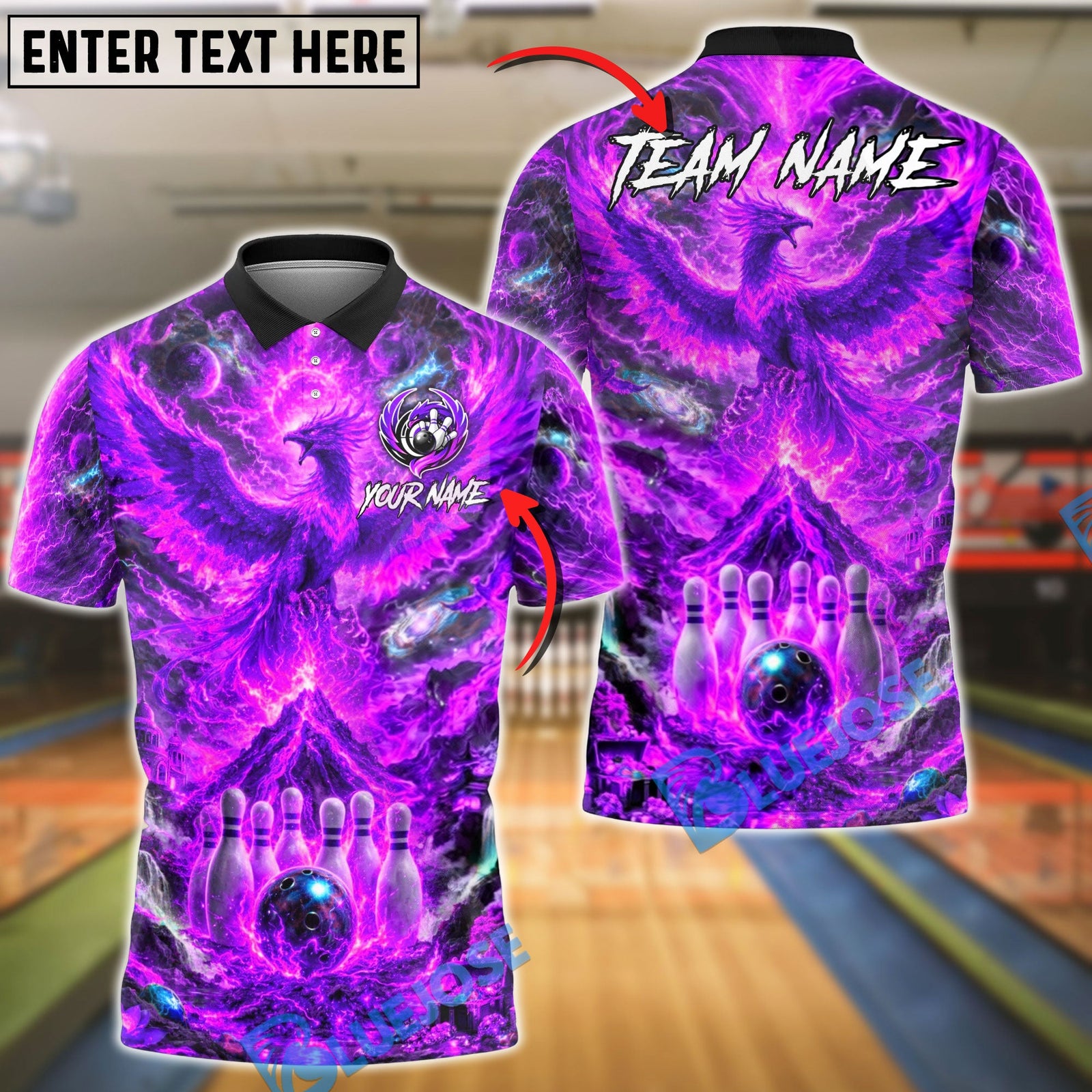 BlueJose Bowling And Pins Fire Phoenix Volcanic Customized Name, Team Name 3D Shirt (4 Colors)