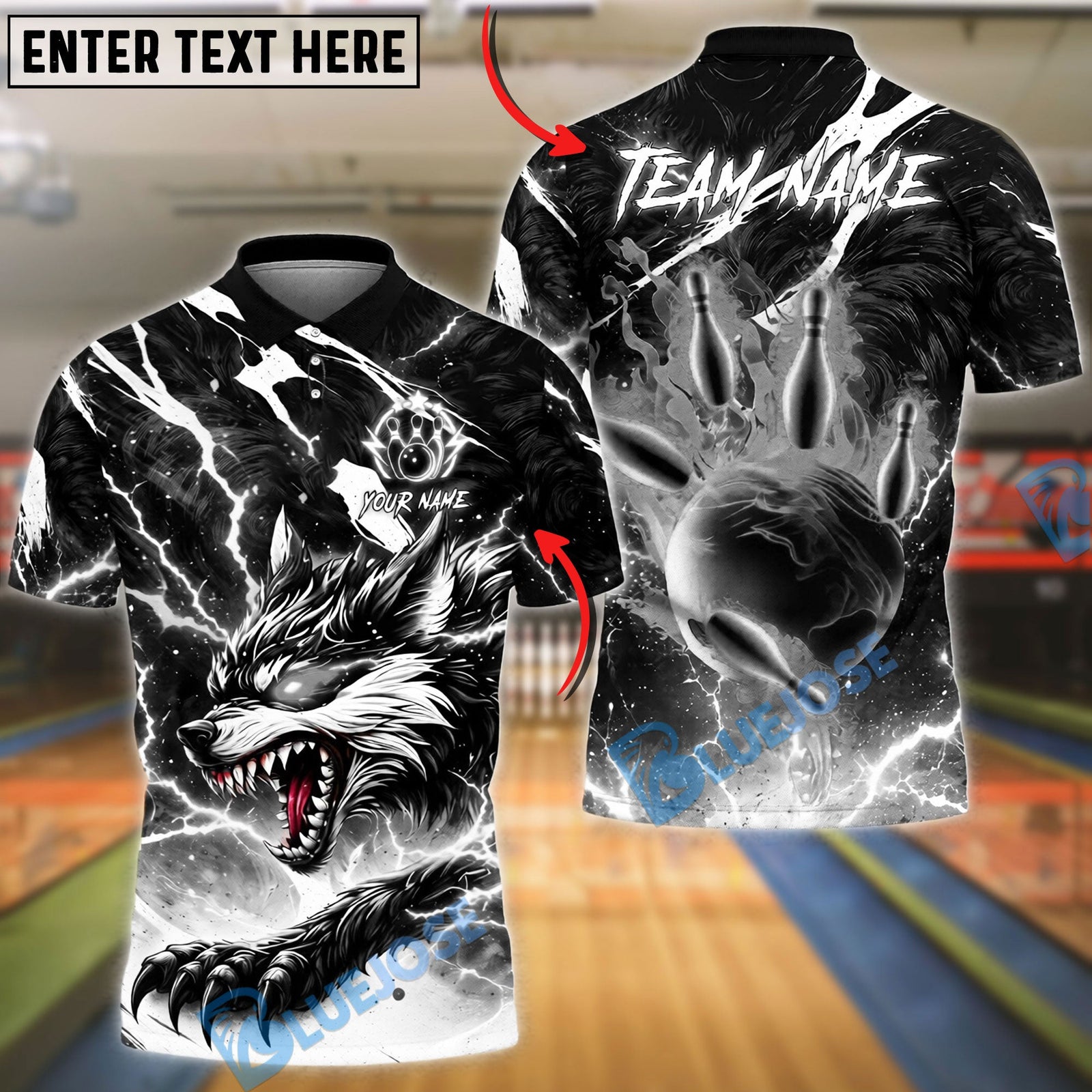 BlueJose Bowling And Pins Neon Thunder Wolf Strike Design Customized Name, Team Name 3D Shirt (4 Colors)