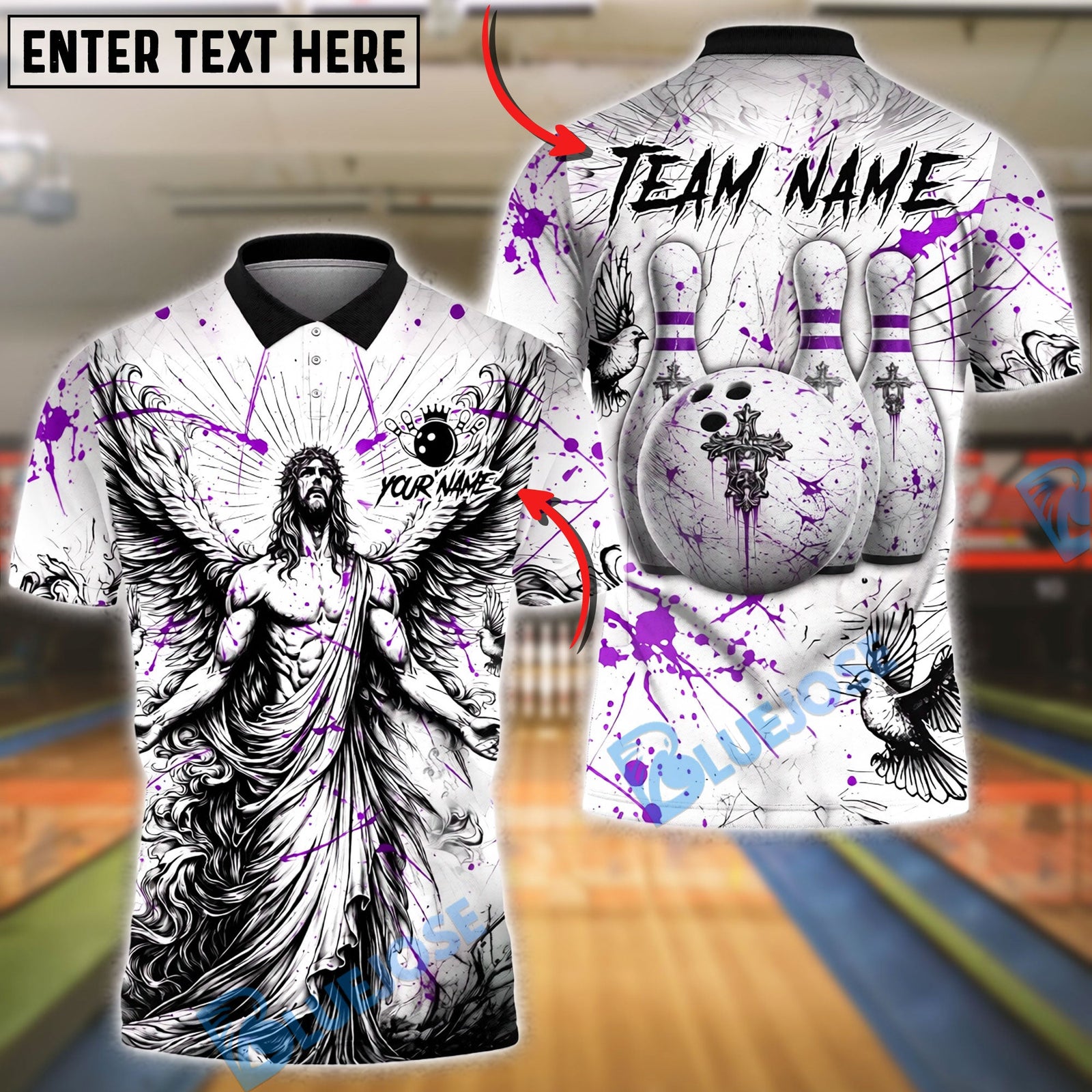 BlueJose Bowling And Pins Angel God Cross Splash Customized Name, Team Name 3D Shirt (4 Colors)