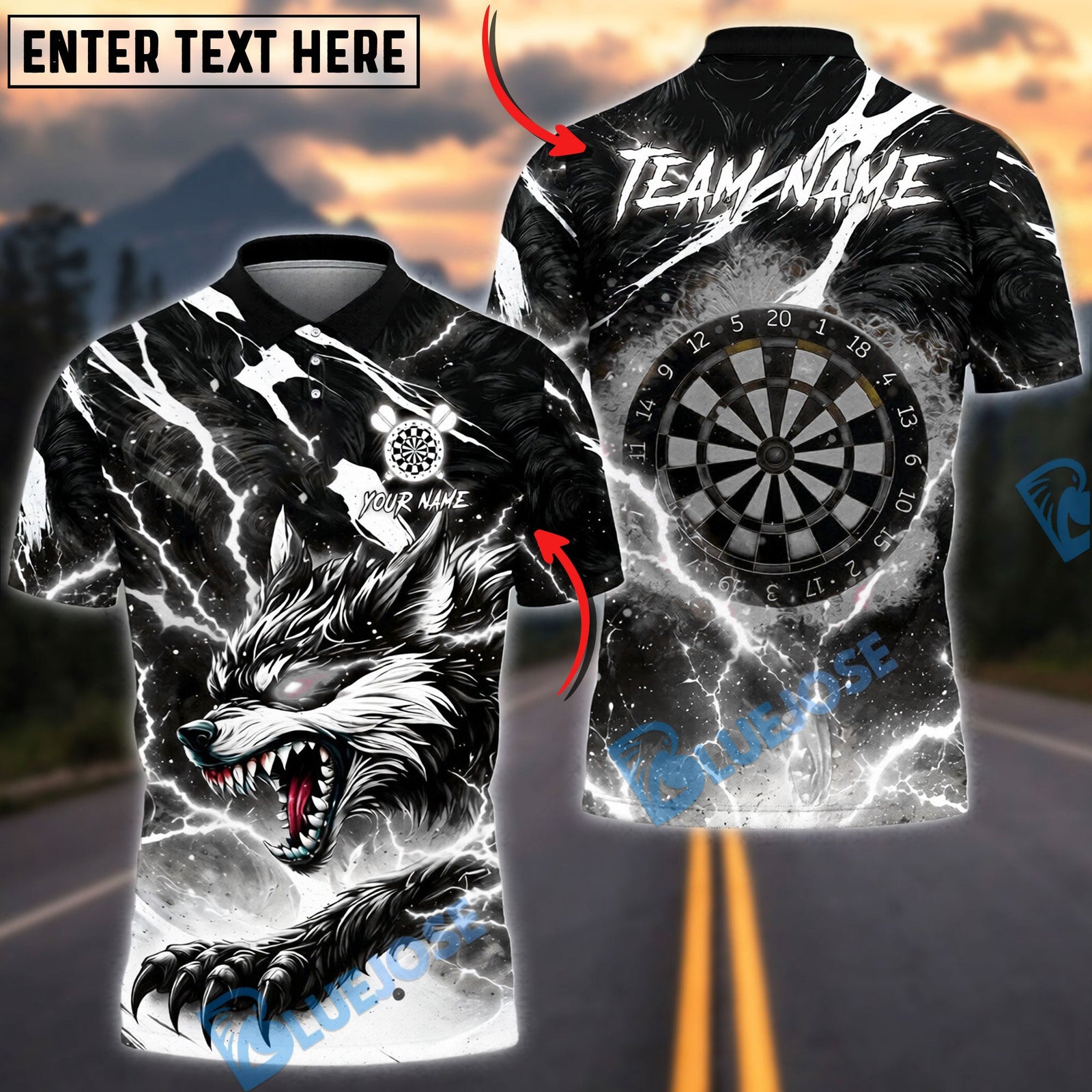 BlueJose Darts Neon Thunder Wolf Strike Design Personalized Name, Team Name Unisex Shirt (4 Colors)