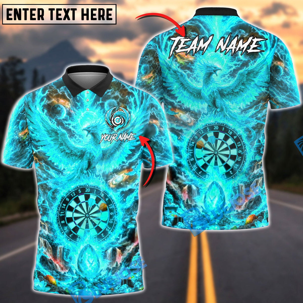 BlueJose Darts Fire Phoenix Volcanic Personalized Name, Team Name Unisex Shirt (4 Colors)