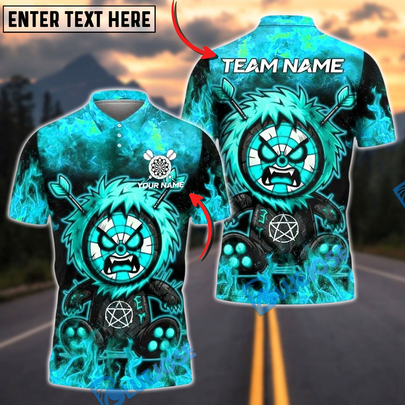 BlueJose Darts Monster Paint Flame Personalized Name, Team Name Unisex Shirt (4 Colors)