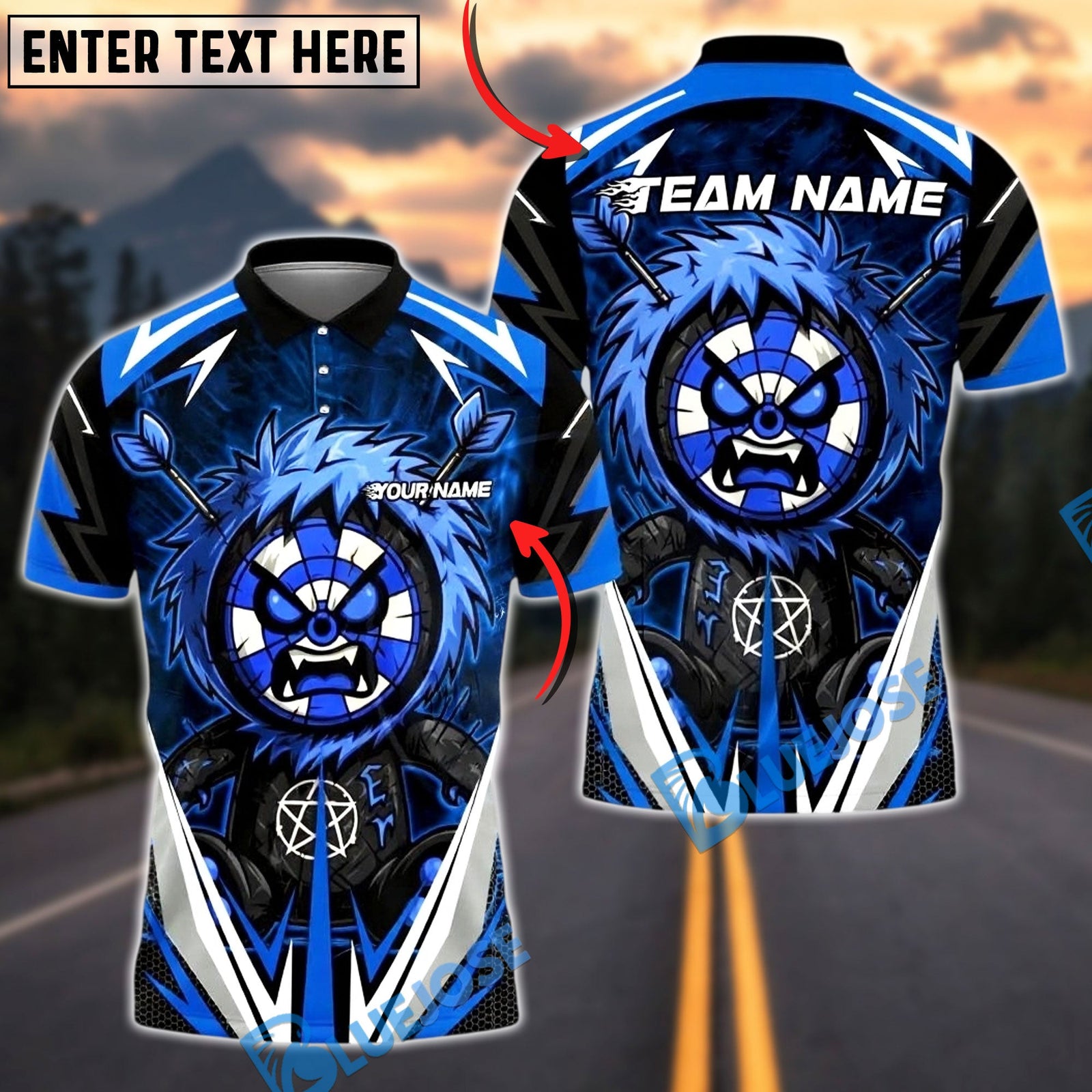 BlueJose Darts Monster Paint Lightning Personalized Name, Team Name Unisex Shirt (4 Colors)