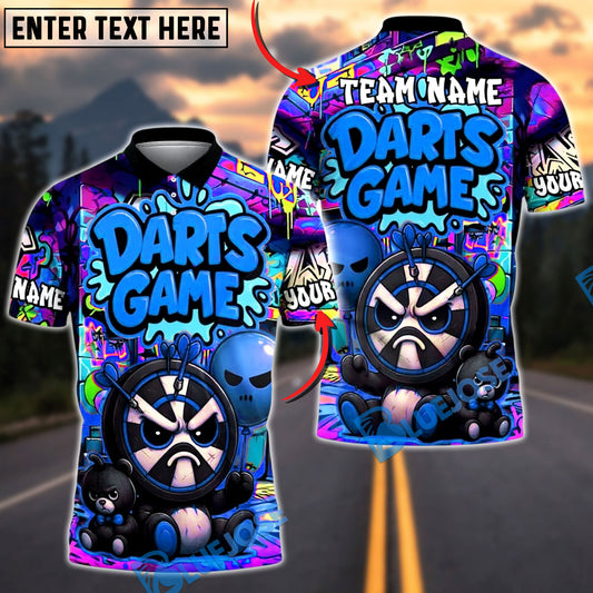 BlueJose Darts Street Graffiti Grumpy Mascot Personalized Name, Team Name Unisex Shirt (4 Colors)