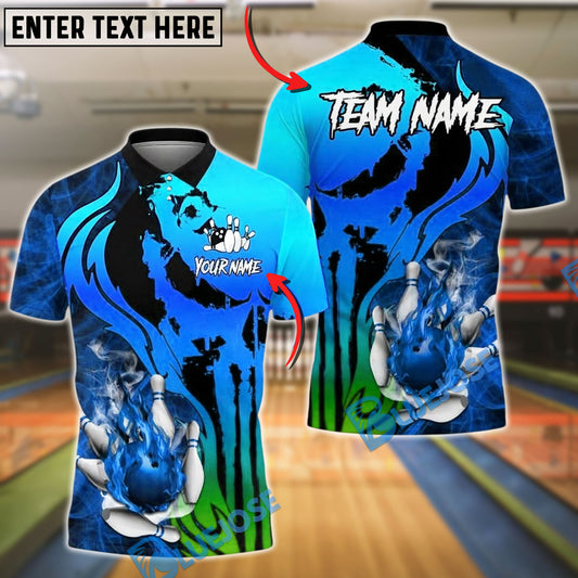 BlueJose Bowling And Pins Fire Flame Punisher Skull Customized Name, Team Name 3D Shirt (4 Colors)