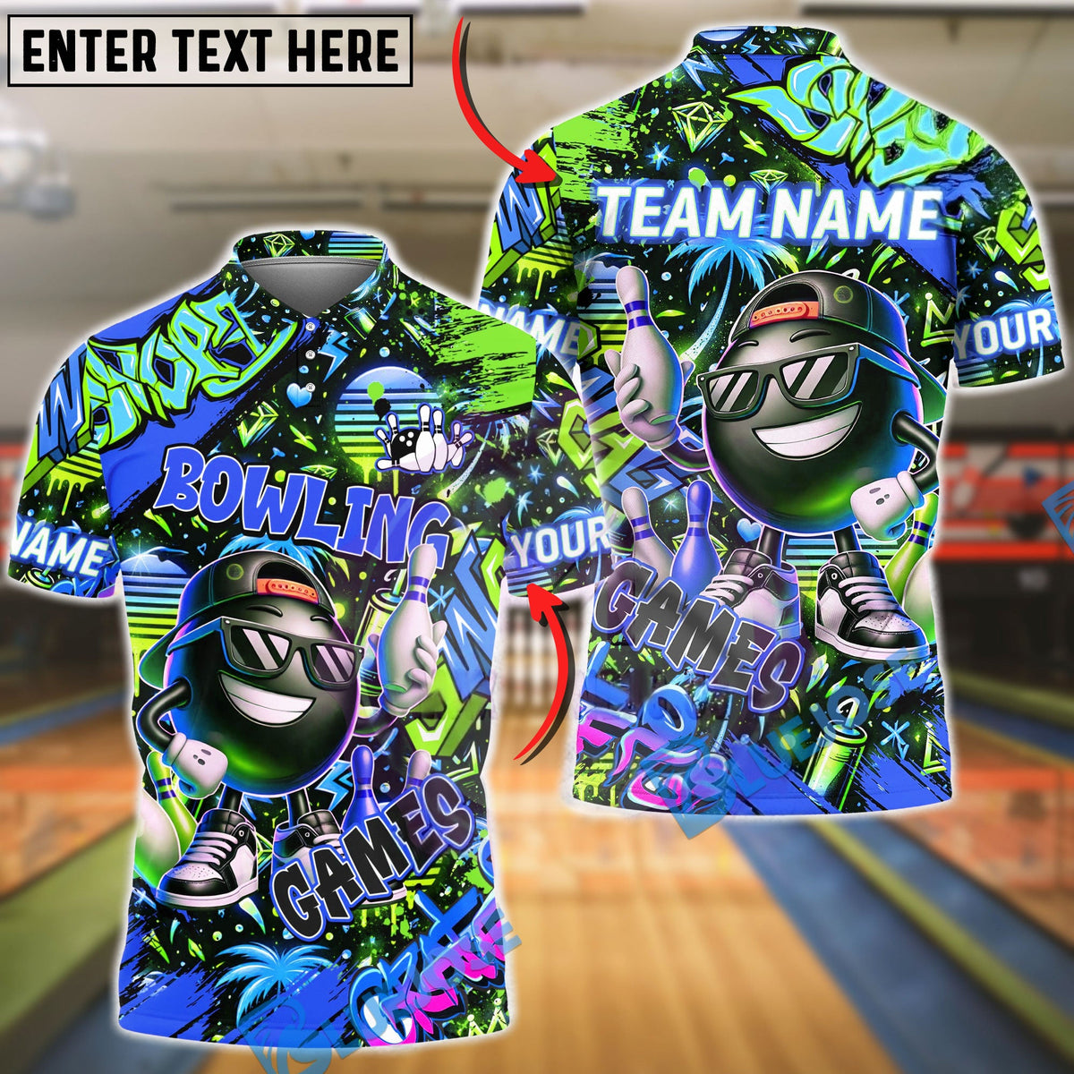 BlueJose Bowling & Pins Graffiti Game Character Customized Name, Team Name 3D Shirt (4 Colors)