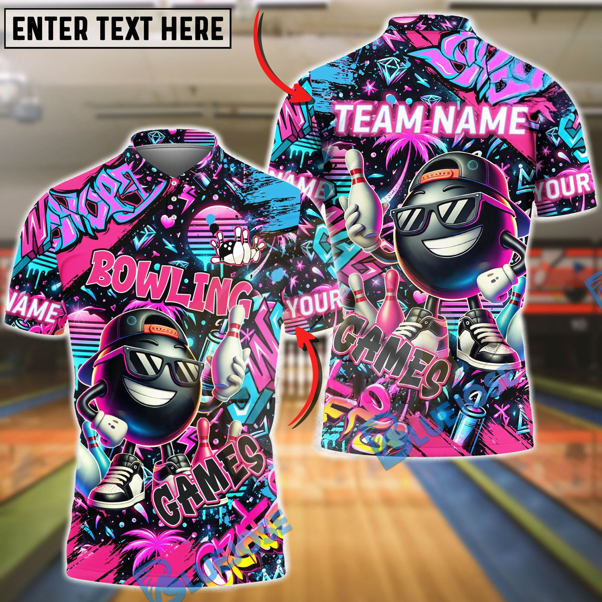 BlueJose Bowling &amp; Pins Graffiti Game Character Customized Name, Team Name 3D Shirt (4 Colors)