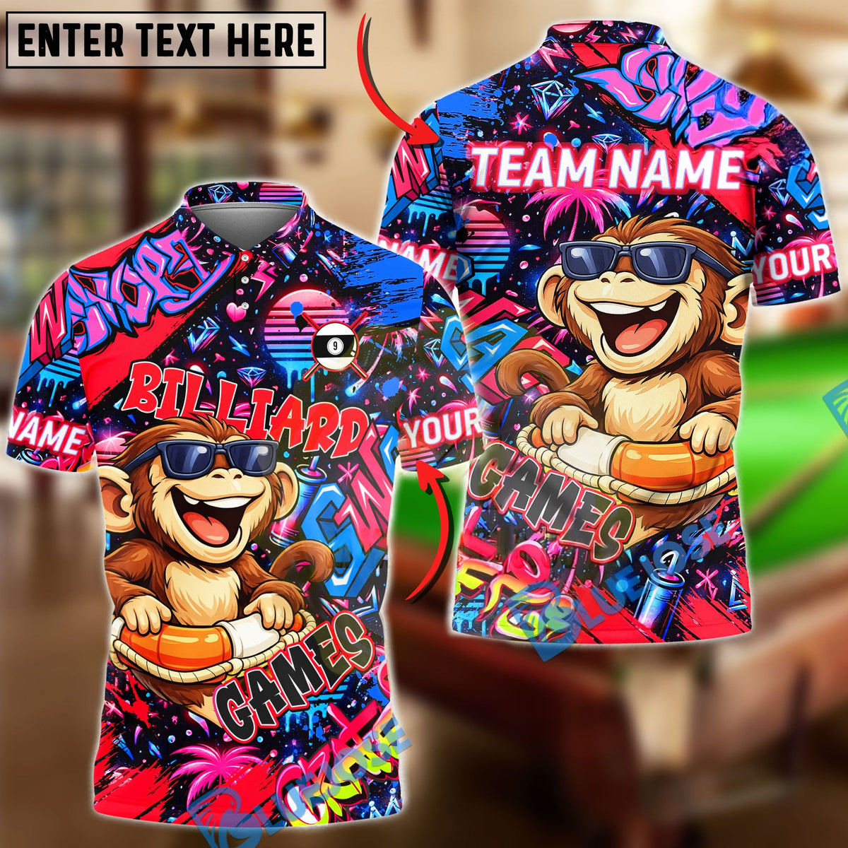 BlueJose Billiards Graffiti Cool Monkey 9 Ball Character Personalized Name Shirt (4 Colors)