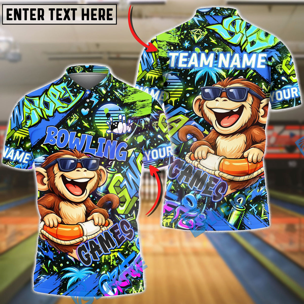 BlueJose Bowling &amp; Pins Graffiti Cool Monkey Game Character Customized Name, Team Name 3D Shirt (4 Colors)