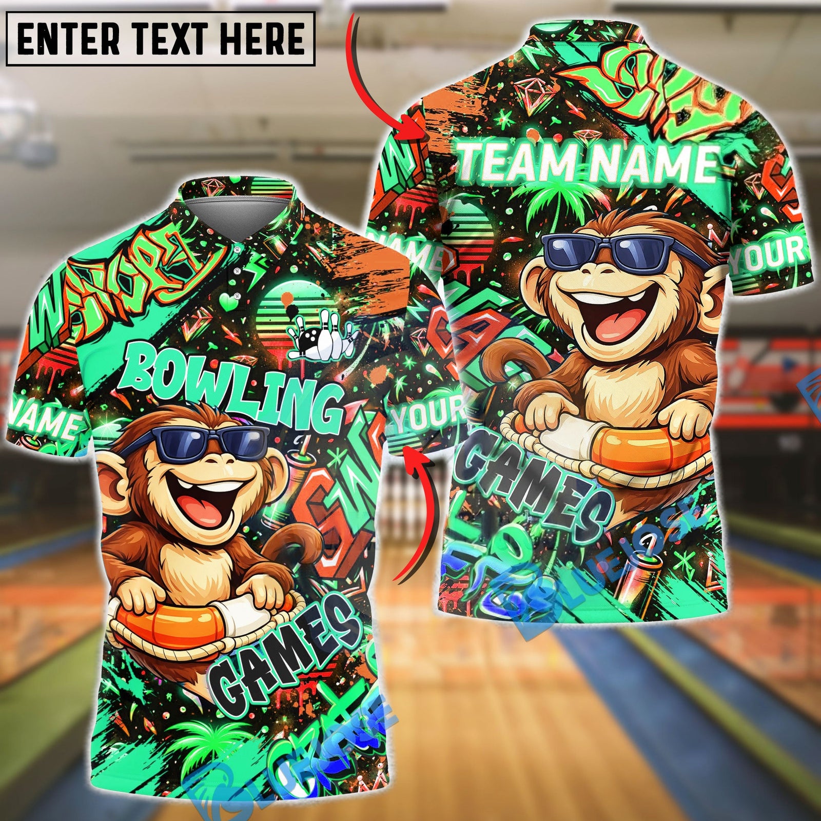 BlueJose Bowling & Pins Graffiti Cool Monkey Game Character Customized Name, Team Name 3D Shirt (4 Colors)