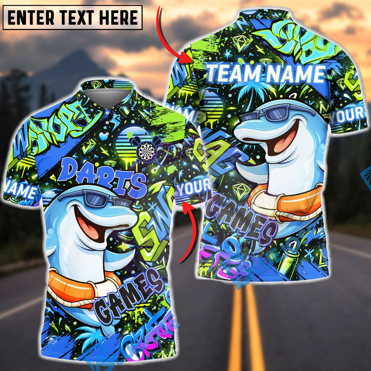 BlueJose Darts Graffiti Cool Dolphin Game Character Multicolor Options Personalized Name Shirt (4 Colors)