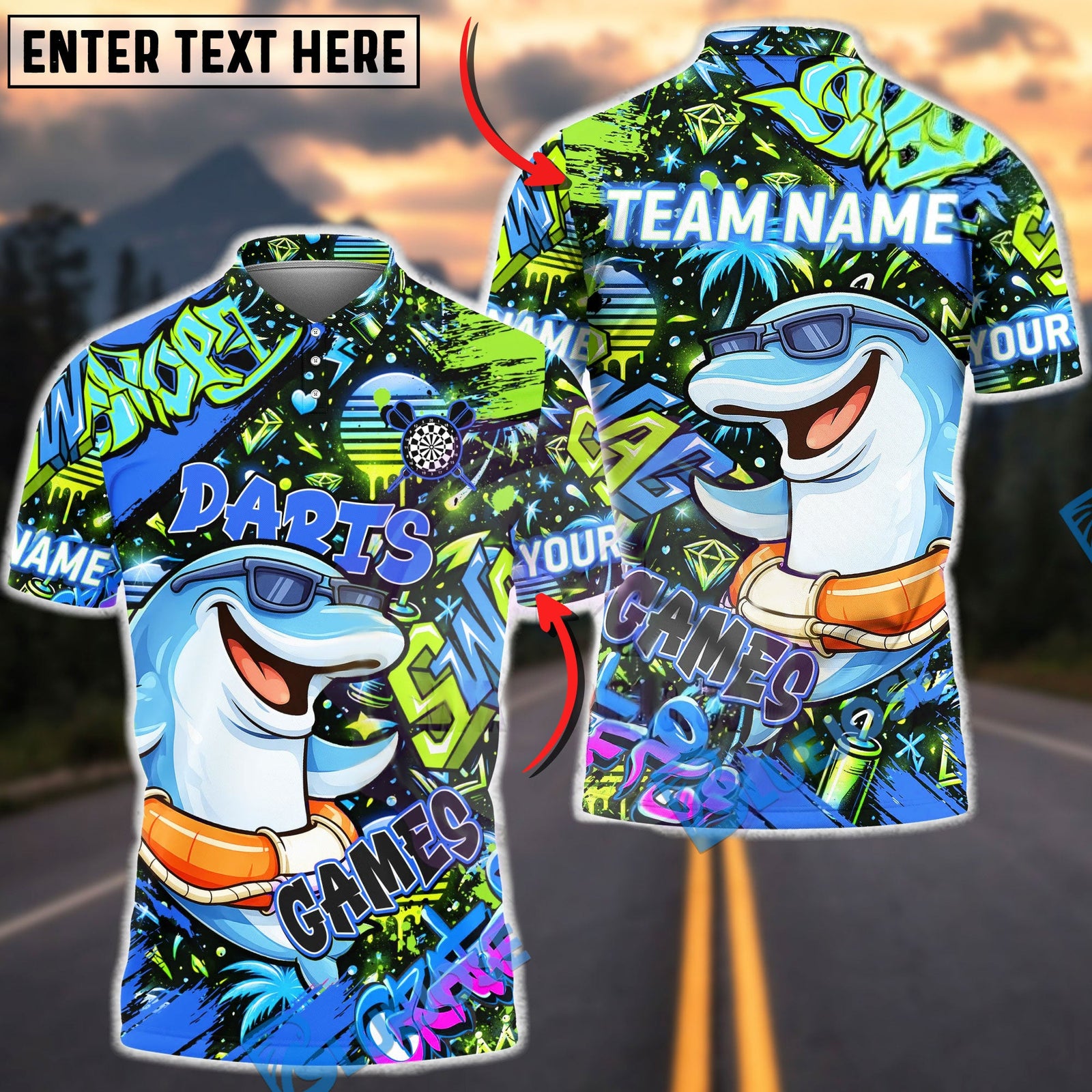 BlueJose Darts Graffiti Cool Dolphin Game Character Multicolor Options Personalized Name Shirt (4 Colors)