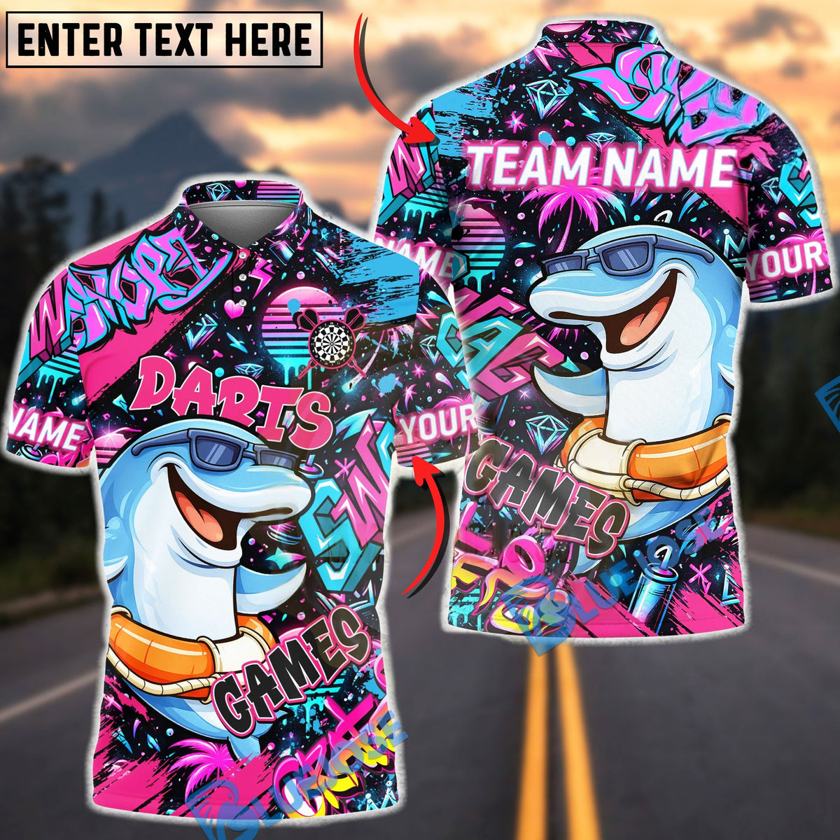 BlueJose Darts Graffiti Cool Dolphin Game Character Multicolor Options Personalized Name Shirt (4 Colors)