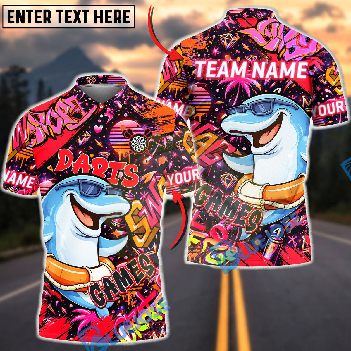BlueJose Darts Graffiti Cool Dolphin Game Character Multicolor Options Personalized Name Shirt (4 Colors)