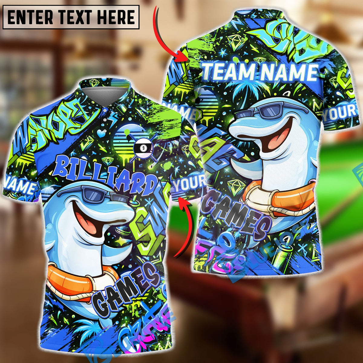 BlueJose Billiards Graffiti Cool Dolphin 9 Ball Character Personalized Name Shirt (4 Colors)
