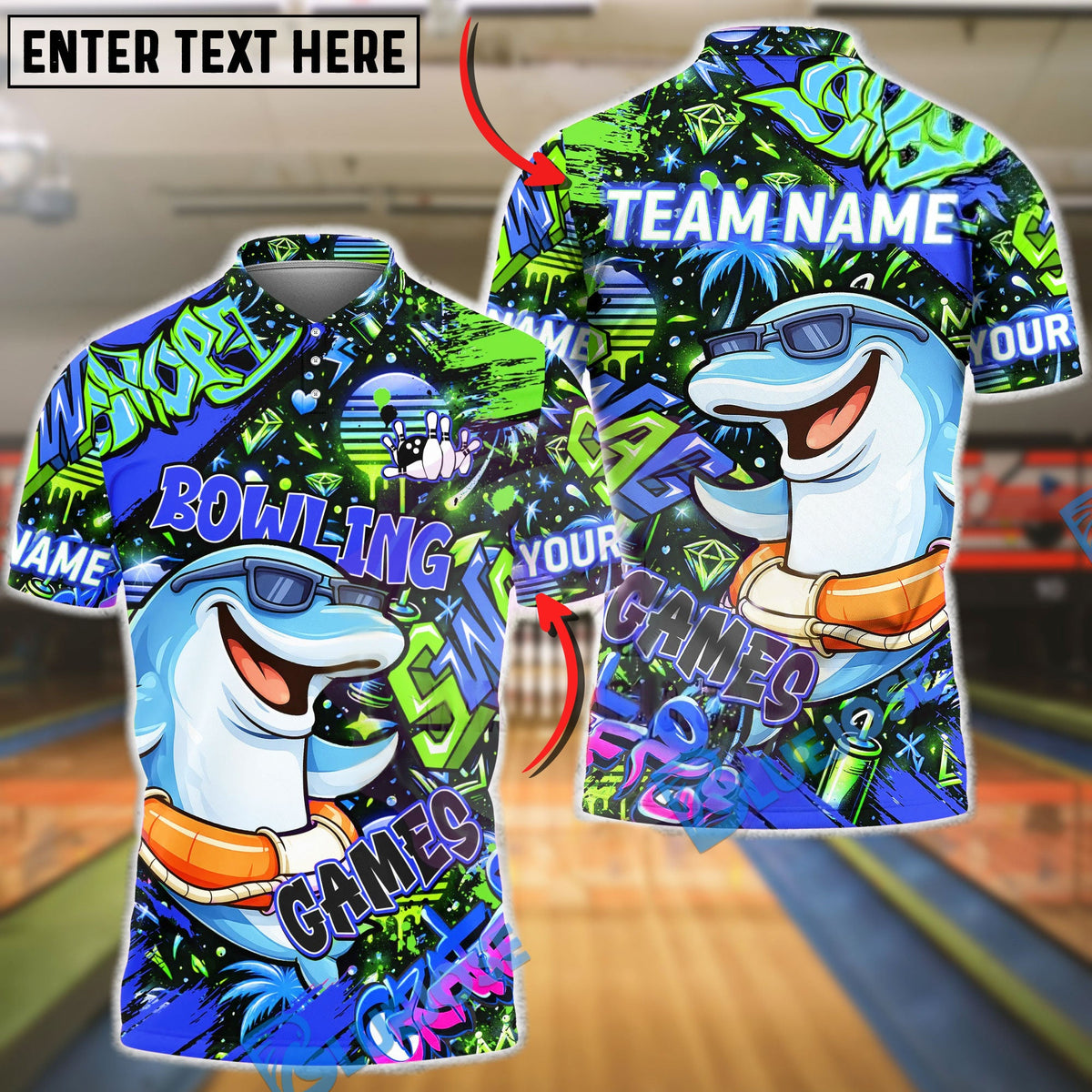 BlueJose Bowling &amp; Pins Graffiti Cool Dolphin Game Character Customized Name, Team Name 3D Shirt (4 Colors)