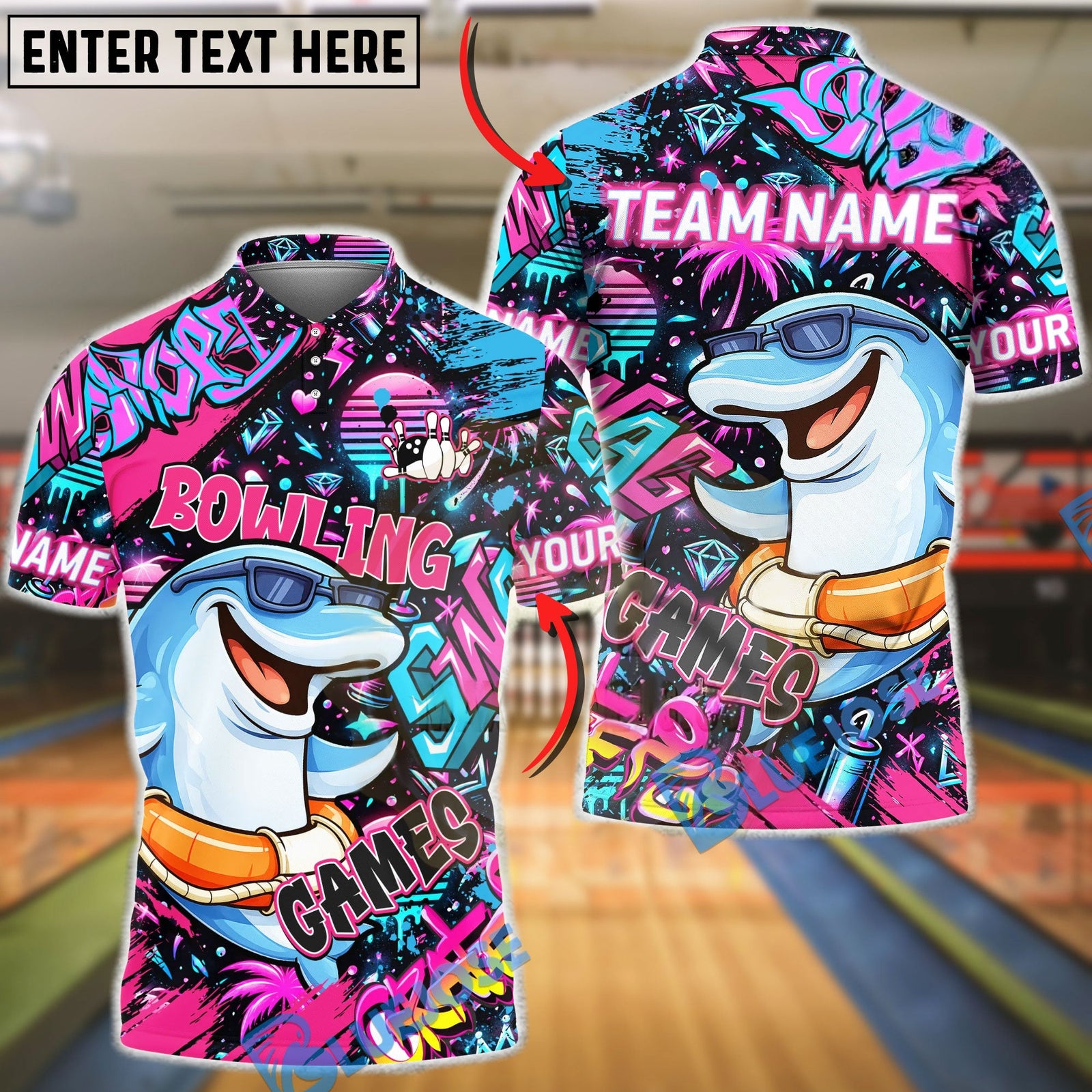 BlueJose Bowling & Pins Graffiti Cool Dolphin Game Character Customized Name, Team Name 3D Shirt (4 Colors)