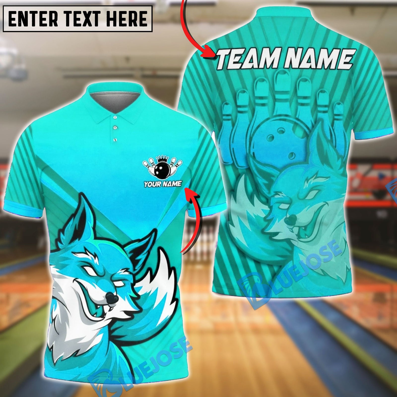 BlueJose Bowling & Pins Fire Fox Customized Name, Team Name 3D Shirt (4 Colors)