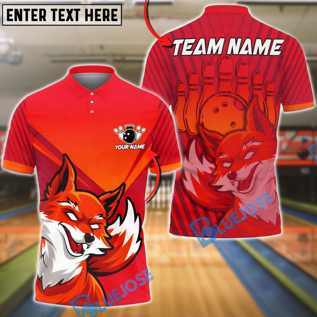 BlueJose Bowling &amp; Pins Fire Fox Customized Name, Team Name 3D Shirt (4 Colors)