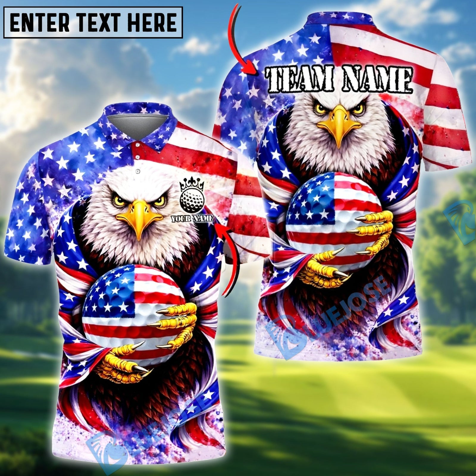 BlueJose American Eagle USA Flag New Day Golf Polo Customized Name, Team Name Shirts