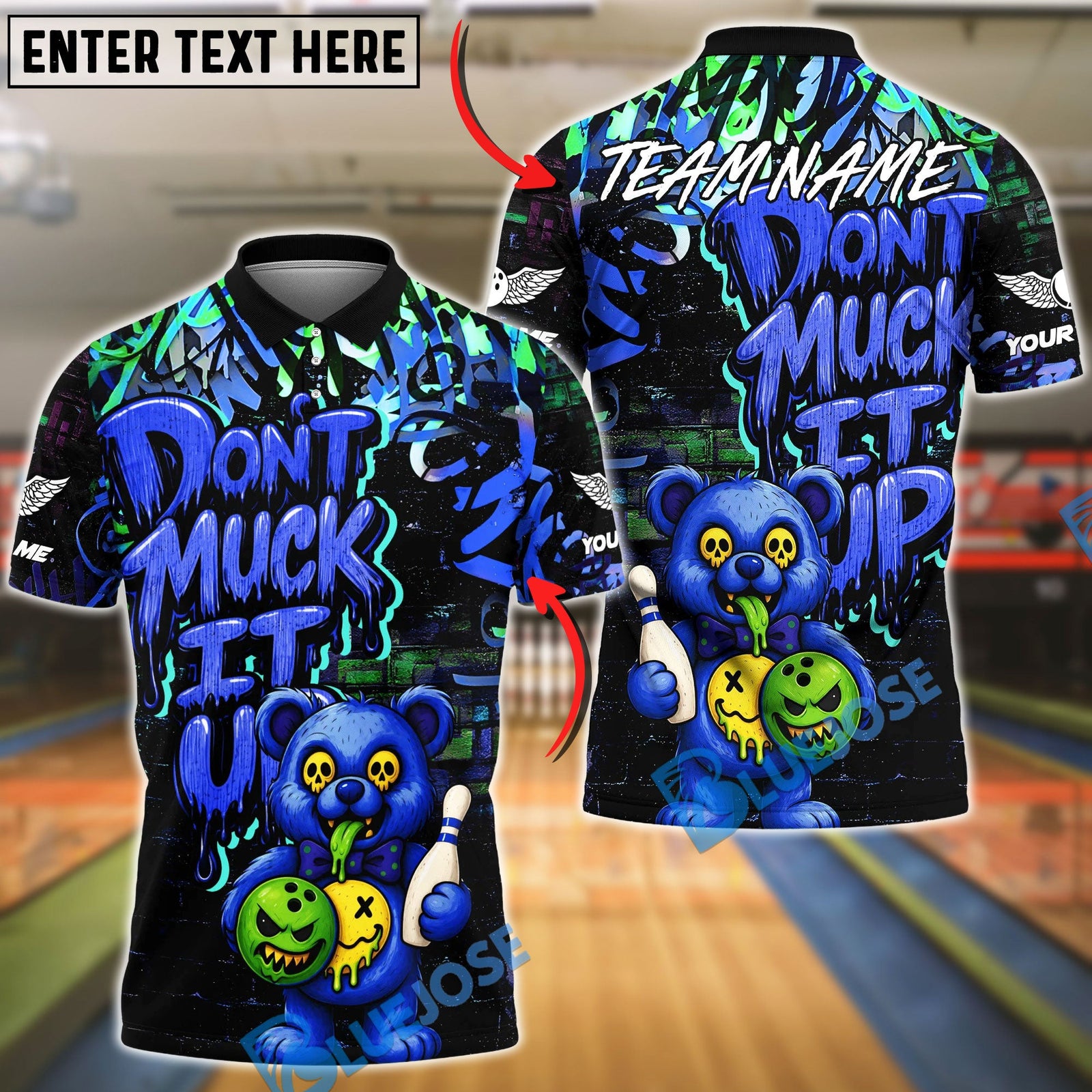BlueJose Bowling And Pins Bear Scary Teddy Graffiti Style Don't Muck It Up Customized Name, Team Name 3D Shirt (4 Colors)