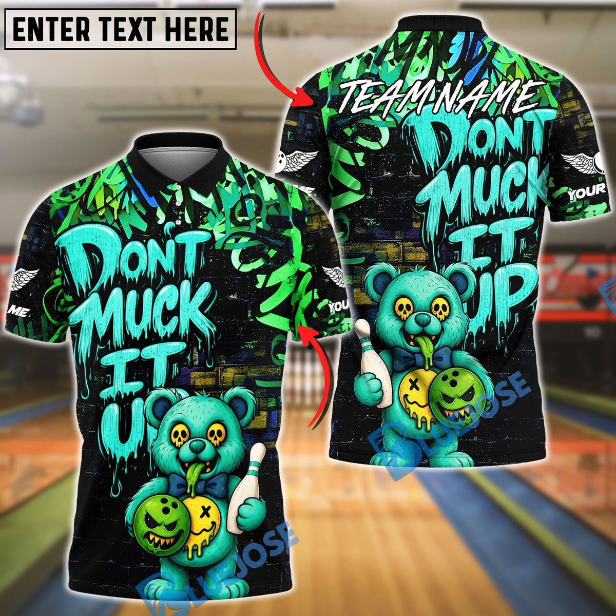 BlueJose Bowling And Pins Bear Scary Teddy Graffiti Style Don't Muck It Up Customized Name, Team Name 3D Shirt (4 Colors)