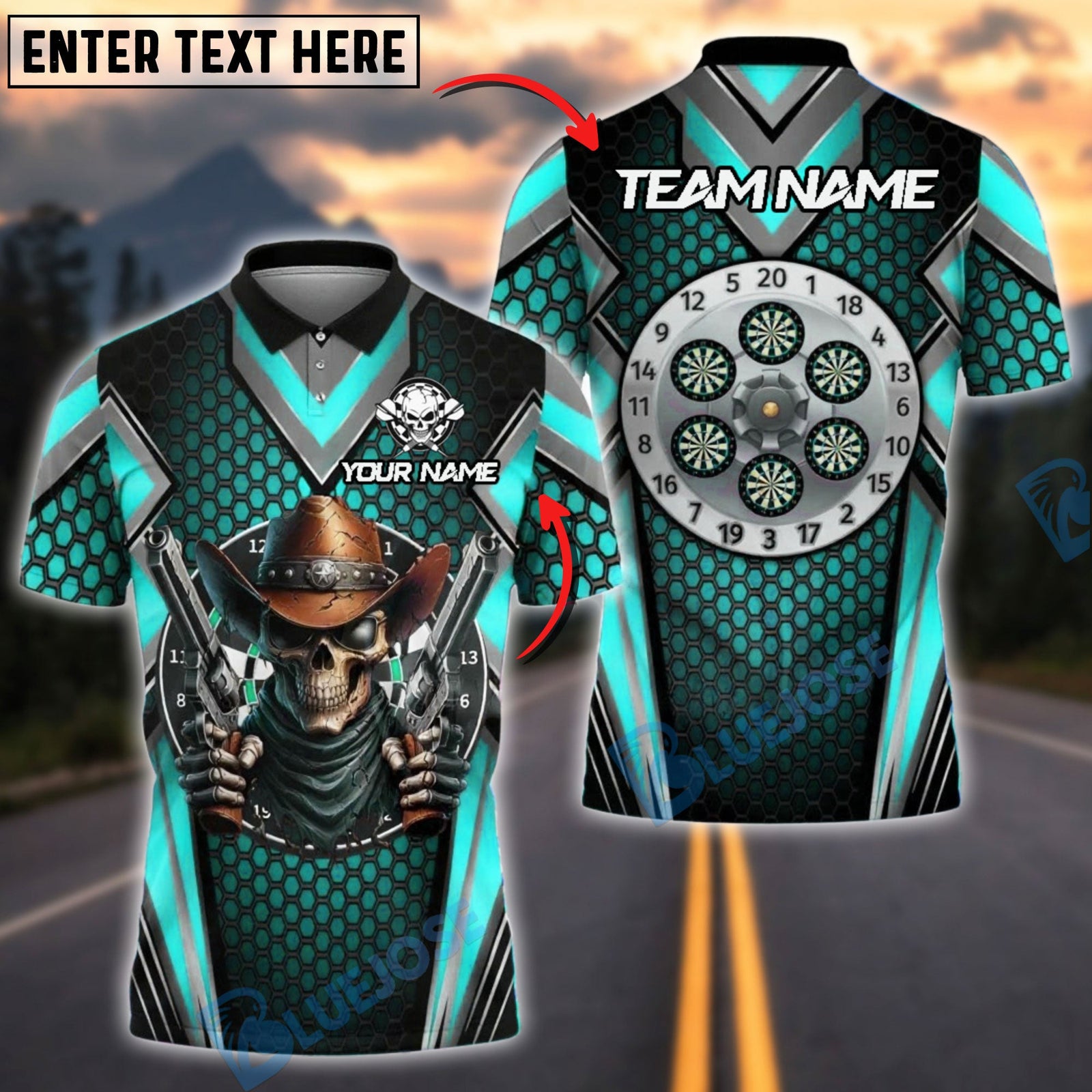 BlueJose Darts Skull Cowboy Customized Name, Team Name 3D Shirt (4 Colors)