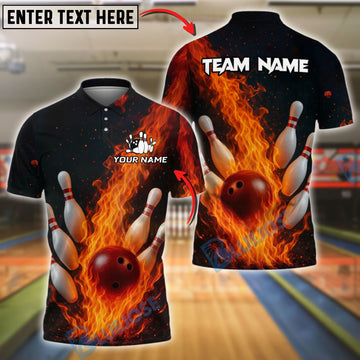 BlueJose Bowling And Pins Inferno Strike Down Customized Name, Team Name 3D Shirt (4 Colors)