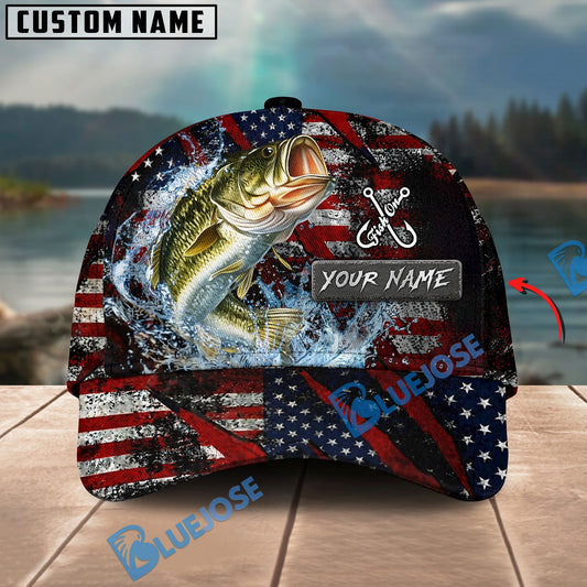 BlueJose Fishing American Flag Red Scratch Personalized Name Classic 3D Cap (13 Breeds)