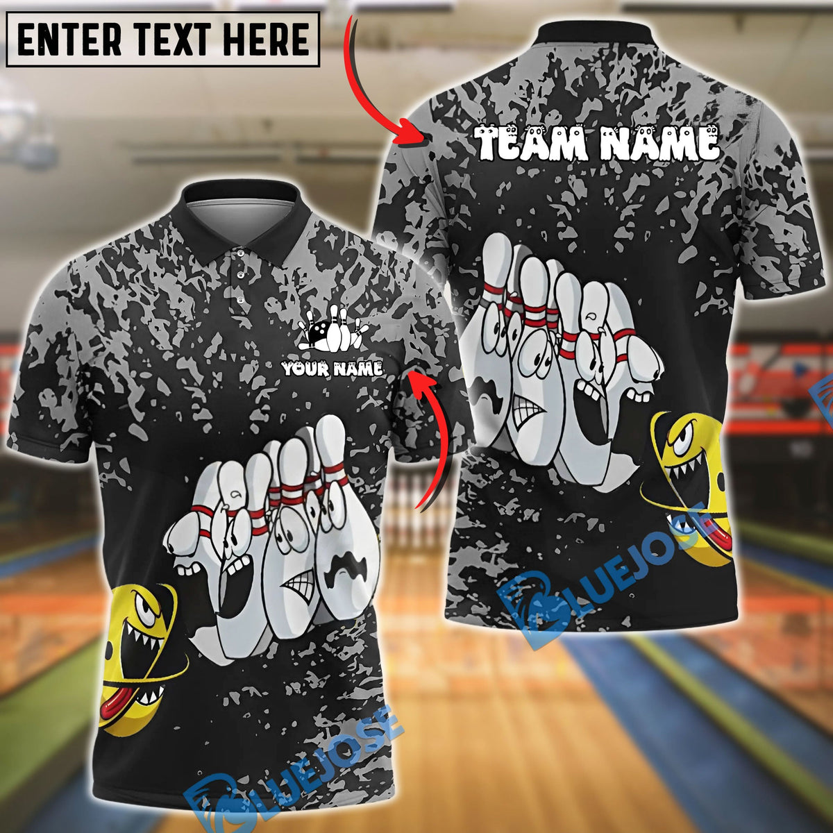 BlueJose Bowling And Pins Splatter Cartoon Pin Faces Customized Name, Team Name 3D Shirt (6 Colors)