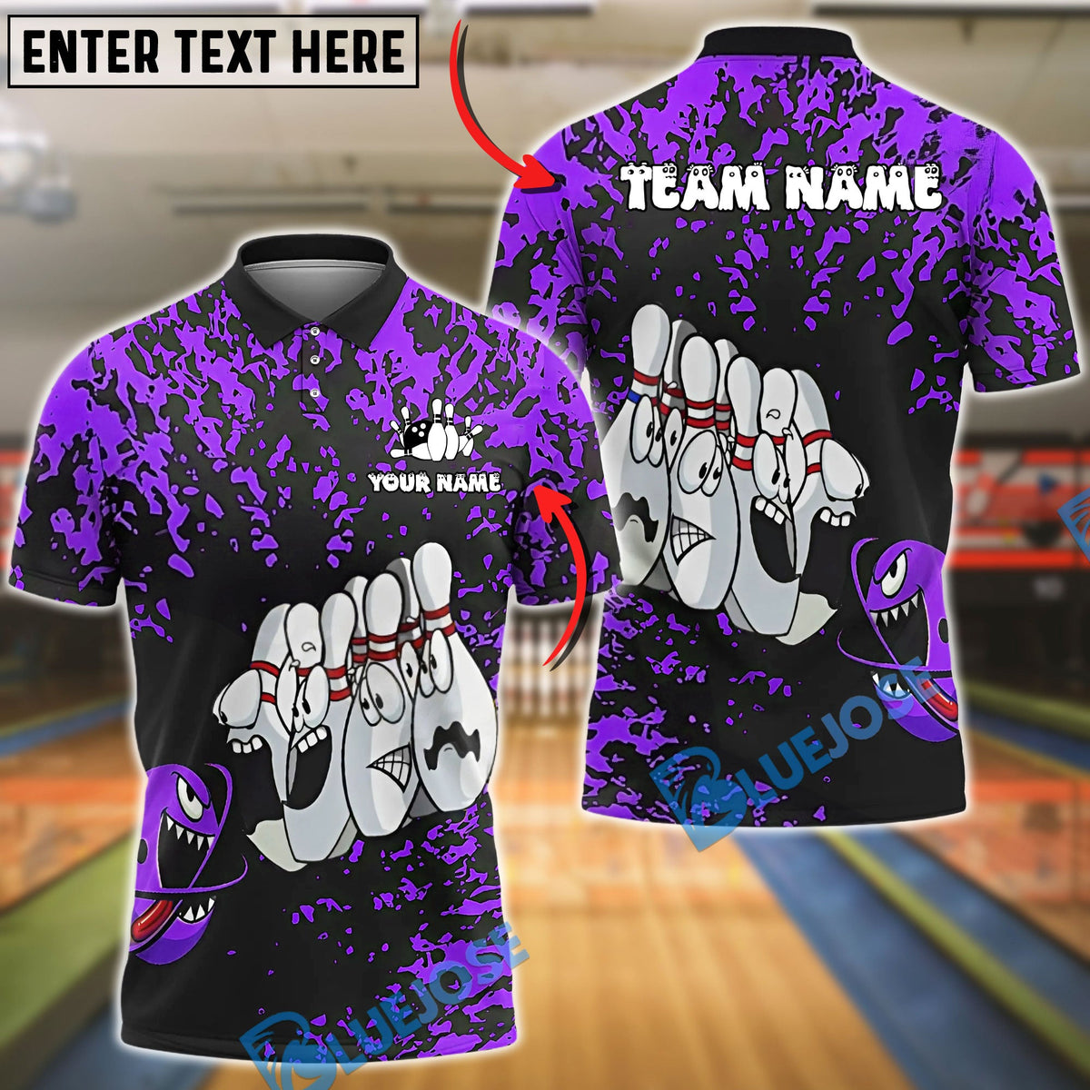 BlueJose Bowling And Pins Splatter Cartoon Pin Faces Customized Name, Team Name 3D Shirt (6 Colors)