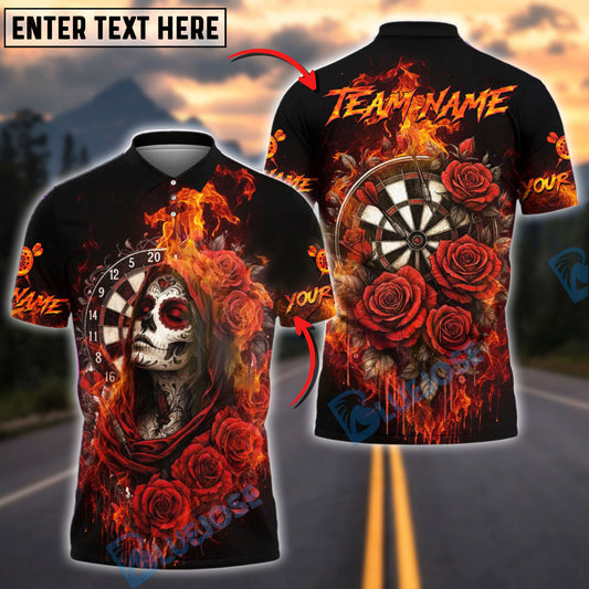 BlueJose Darts Skull Girl Flaming Rose Customized Name, Team Name 3D Shirt (4 Colors)