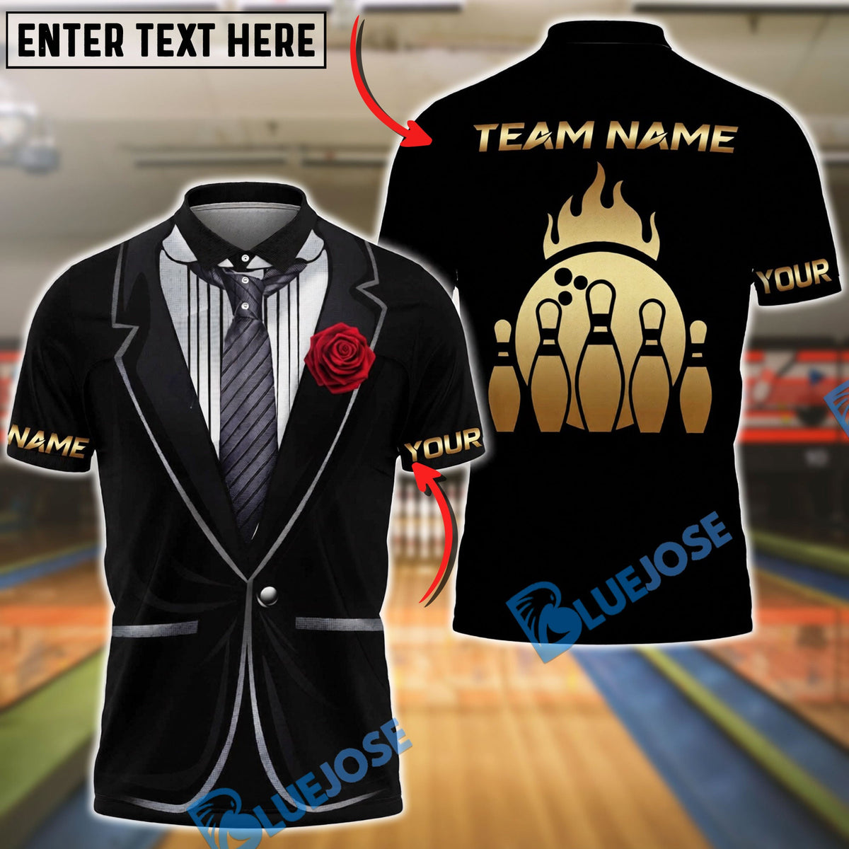 BlueJose Bowling And Pins Tuxedo Rose Customized Name, Team Name 3D Shirt