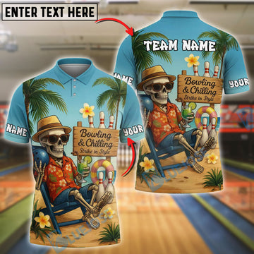 BlueJose Bowling And Pins Skeleton Beach Chill Personalized Name, Team Name Shirt