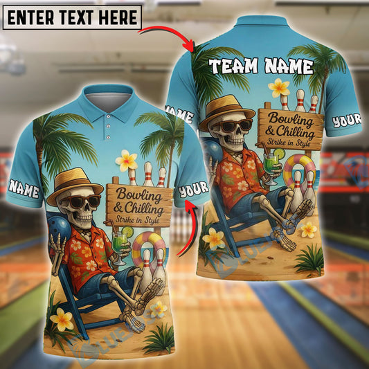 BlueJose Bowling And Pins Skeleton Beach Chill Personalized Name, Team Name Shirt