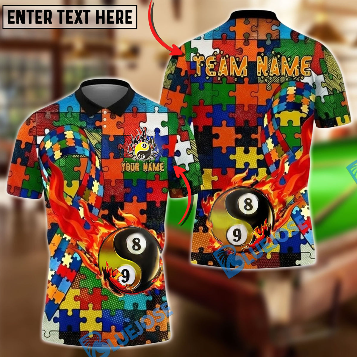 BlueJose Billiards Ball 8&amp;9 Yin Yang Puzzle Pattern Ball Fire Autism Awareness Customized Name, Team Name 3D Shirt