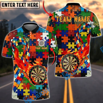 BlueJose Darts Puzzle Pattern Flaming Target Autism Awareness Personalized Name Shirt