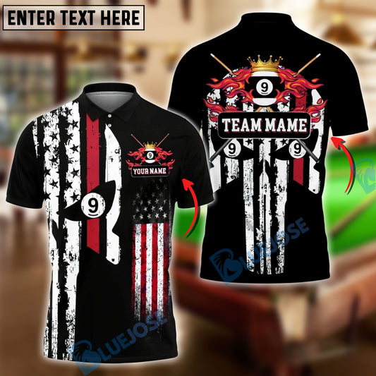 BlueJose Billiards Ball 9 American Flag Punisher Flaming Customized Name, Team Name 3D Shirt