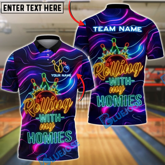 BlueJose Bowling Neon Rolling With My Homies Personalized Name, Team Name 3D Shirt