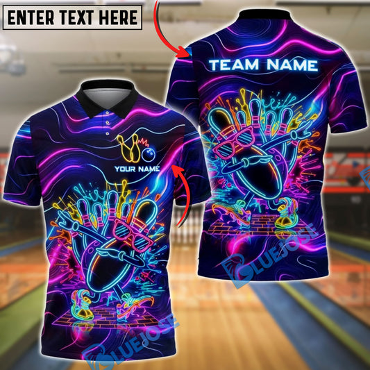 BlueJose Bowling Neon Neon Cool Dab Strike Pin Character Personalized Name, Team Name 3D Shirt